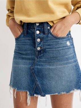 Madewell Rigid Denim A-Line Mini Skirt Blue Raw Hem Button Front Size 26
